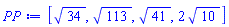 [34^(1/2), 113^(1/2), 41^(1/2), 2*10^(1/2)]