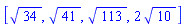 [34^(1/2), 41^(1/2), 113^(1/2), 2*10^(1/2)]