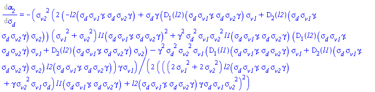 Diff(alpha__2, sigma__d) = -(1/2)*sigma__v2^2*(2*(-l2(sigma__d*sigma__v1*gamma, sigma__d*sigma__v2*gamma)+sigma__d*gamma*((D[1](l2))(sigma__d*sigma__v1*gamma, sigma__d*sigma__v2*gamma)*sigma__v1+(D[2](l2))(sigma__d*sigma__v1*gamma, sigma__d*sigma__v2*gamma)*sigma__v2))*(sigma__v1^2+sigma__v2^2)*l1(sigma__d*sigma__v1*gamma, sigma__d*sigma__v2*gamma)^2+gamma^2*sigma__d^2*sigma__v1*sigma__v2^2*l1(sigma__d*sigma__v1*gamma, sigma__d*sigma__v2*gamma)*((D[1](l2))(sigma__d*sigma__v1*gamma, sigma__d*sigma__v2*gamma)*sigma__v1+(D[2](l2))(sigma__d*sigma__v1*gamma, sigma__d*sigma__v2*gamma)*sigma__v2)-gamma^2*sigma__d^2*sigma__v2^2*sigma__v1*((D[1](l1))(sigma__d*sigma__v1*gamma, sigma__d*sigma__v2*gamma)*sigma__v1+(D[2](l1))(sigma__d*sigma__v1*gamma, sigma__d*sigma__v2*gamma)*sigma__v2)*l2(sigma__d*sigma__v1*gamma, sigma__d*sigma__v2*gamma))*gamma*sigma__v1/(((2*sigma__v1^2+2*sigma__v2^2)*l2(sigma__d*sigma__v1*gamma, sigma__d*sigma__v2*gamma)+gamma*sigma__v2^2*sigma__v1*sigma__d)*l1(sigma__d*sigma__v1*gamma, sigma__d*sigma__v2*gamma)+l2(sigma__d*sigma__v1*gamma, sigma__d*sigma__v2*gamma)*gamma*sigma__d*sigma__v1*sigma__v2^2)^2