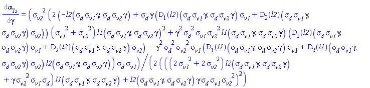 Diff(alpha__1s, gamma) = (1/2)*sigma__v2^2*(2*(-l2(sigma__d*sigma__v1*gamma, sigma__d*sigma__v2*gamma)+sigma__d*gamma*((D[1](l2))(sigma__d*sigma__v1*gamma, sigma__d*sigma__v2*gamma)*sigma__v1+(D[2](l2))(sigma__d*sigma__v1*gamma, sigma__d*sigma__v2*gamma)*sigma__v2))*(sigma__v1^2+sigma__v2^2)*l1(sigma__d*sigma__v1*gamma, sigma__d*sigma__v2*gamma)^2+gamma^2*sigma__d^2*sigma__v1*sigma__v2^2*l1(sigma__d*sigma__v1*gamma, sigma__d*sigma__v2*gamma)*((D[1](l2))(sigma__d*sigma__v1*gamma, sigma__d*sigma__v2*gamma)*sigma__v1+(D[2](l2))(sigma__d*sigma__v1*gamma, sigma__d*sigma__v2*gamma)*sigma__v2)-gamma^2*sigma__d^2*sigma__v2^2*sigma__v1*((D[1](l1))(sigma__d*sigma__v1*gamma, sigma__d*sigma__v2*gamma)*sigma__v1+(D[2](l1))(sigma__d*sigma__v1*gamma, sigma__d*sigma__v2*gamma)*sigma__v2)*l2(sigma__d*sigma__v1*gamma, sigma__d*sigma__v2*gamma))*sigma__d*sigma__v1/(((2*sigma__v1^2+2*sigma__v2^2)*l2(sigma__d*sigma__v1*gamma, sigma__d*sigma__v2*gamma)+gamma*sigma__v2^2*sigma__v1*sigma__d)*l1(sigma__d*sigma__v1*gamma, sigma__d*sigma__v2*gamma)+l2(sigma__d*sigma__v1*gamma, sigma__d*sigma__v2*gamma)*gamma*sigma__d*sigma__v1*sigma__v2^2)^2