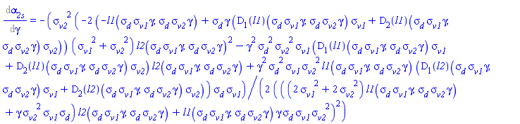 Diff(alpha__2s, gamma) = -(1/2)*sigma__v2^2*(-2*(-l1(sigma__d*sigma__v1*gamma, sigma__d*sigma__v2*gamma)+sigma__d*gamma*((D[1](l1))(sigma__d*sigma__v1*gamma, sigma__d*sigma__v2*gamma)*sigma__v1+(D[2](l1))(sigma__d*sigma__v1*gamma, sigma__d*sigma__v2*gamma)*sigma__v2))*(sigma__v1^2+sigma__v2^2)*l2(sigma__d*sigma__v1*gamma, sigma__d*sigma__v2*gamma)^2-gamma^2*sigma__d^2*sigma__v2^2*sigma__v1*((D[1](l1))(sigma__d*sigma__v1*gamma, sigma__d*sigma__v2*gamma)*sigma__v1+(D[2](l1))(sigma__d*sigma__v1*gamma, sigma__d*sigma__v2*gamma)*sigma__v2)*l2(sigma__d*sigma__v1*gamma, sigma__d*sigma__v2*gamma)+gamma^2*sigma__d^2*sigma__v1*sigma__v2^2*l1(sigma__d*sigma__v1*gamma, sigma__d*sigma__v2*gamma)*((D[1](l2))(sigma__d*sigma__v1*gamma, sigma__d*sigma__v2*gamma)*sigma__v1+(D[2](l2))(sigma__d*sigma__v1*gamma, sigma__d*sigma__v2*gamma)*sigma__v2))*sigma__d*sigma__v1/(((2*sigma__v1^2+2*sigma__v2^2)*l1(sigma__d*sigma__v1*gamma, sigma__d*sigma__v2*gamma)+gamma*sigma__v2^2*sigma__v1*sigma__d)*l2(sigma__d*sigma__v1*gamma, sigma__d*sigma__v2*gamma)+l1(sigma__d*sigma__v1*gamma, sigma__d*sigma__v2*gamma)*gamma*sigma__d*sigma__v1*sigma__v2^2)^2