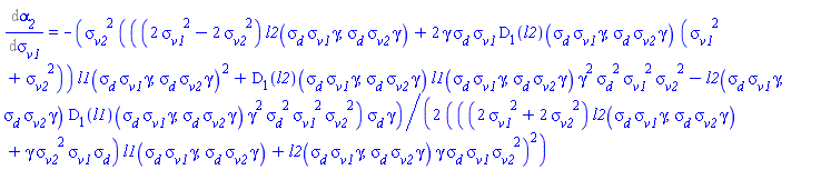 Diff(alpha__2, sigma__v1) = -(1/2)*sigma__v2^2*(((2*sigma__v1^2-2*sigma__v2^2)*l2(sigma__d*sigma__v1*gamma, sigma__d*sigma__v2*gamma)+2*gamma*sigma__d*sigma__v1*(D[1](l2))(sigma__d*sigma__v1*gamma, sigma__d*sigma__v2*gamma)*(sigma__v1^2+sigma__v2^2))*l1(sigma__d*sigma__v1*gamma, sigma__d*sigma__v2*gamma)^2+(D[1](l2))(sigma__d*sigma__v1*gamma, sigma__d*sigma__v2*gamma)*l1(sigma__d*sigma__v1*gamma, sigma__d*sigma__v2*gamma)*gamma^2*sigma__d^2*sigma__v1^2*sigma__v2^2-l2(sigma__d*sigma__v1*gamma, sigma__d*sigma__v2*gamma)*(D[1](l1))(sigma__d*sigma__v1*gamma, sigma__d*sigma__v2*gamma)*gamma^2*sigma__d^2*sigma__v1^2*sigma__v2^2)*sigma__d*gamma/(((2*sigma__v1^2+2*sigma__v2^2)*l2(sigma__d*sigma__v1*gamma, sigma__d*sigma__v2*gamma)+gamma*sigma__v2^2*sigma__v1*sigma__d)*l1(sigma__d*sigma__v1*gamma, sigma__d*sigma__v2*gamma)+l2(sigma__d*sigma__v1*gamma, sigma__d*sigma__v2*gamma)*gamma*sigma__d*sigma__v1*sigma__v2^2)^2
