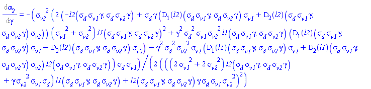 Diff(alpha__2, gamma) = -(1/2)*sigma__v2^2*(2*(-l2(sigma__d*sigma__v1*gamma, sigma__d*sigma__v2*gamma)+sigma__d*gamma*((D[1](l2))(sigma__d*sigma__v1*gamma, sigma__d*sigma__v2*gamma)*sigma__v1+(D[2](l2))(sigma__d*sigma__v1*gamma, sigma__d*sigma__v2*gamma)*sigma__v2))*(sigma__v1^2+sigma__v2^2)*l1(sigma__d*sigma__v1*gamma, sigma__d*sigma__v2*gamma)^2+gamma^2*sigma__d^2*sigma__v1*sigma__v2^2*l1(sigma__d*sigma__v1*gamma, sigma__d*sigma__v2*gamma)*((D[1](l2))(sigma__d*sigma__v1*gamma, sigma__d*sigma__v2*gamma)*sigma__v1+(D[2](l2))(sigma__d*sigma__v1*gamma, sigma__d*sigma__v2*gamma)*sigma__v2)-gamma^2*sigma__d^2*sigma__v2^2*sigma__v1*((D[1](l1))(sigma__d*sigma__v1*gamma, sigma__d*sigma__v2*gamma)*sigma__v1+(D[2](l1))(sigma__d*sigma__v1*gamma, sigma__d*sigma__v2*gamma)*sigma__v2)*l2(sigma__d*sigma__v1*gamma, sigma__d*sigma__v2*gamma))*sigma__d*sigma__v1/(((2*sigma__v1^2+2*sigma__v2^2)*l2(sigma__d*sigma__v1*gamma, sigma__d*sigma__v2*gamma)+gamma*sigma__v2^2*sigma__v1*sigma__d)*l1(sigma__d*sigma__v1*gamma, sigma__d*sigma__v2*gamma)+l2(sigma__d*sigma__v1*gamma, sigma__d*sigma__v2*gamma)*gamma*sigma__d*sigma__v1*sigma__v2^2)^2