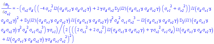 Diff(alpha__2, sigma__v2) = -(1/2)*sigma__v2*sigma__d*((-4*sigma__v1^2*l2(sigma__d*sigma__v1*gamma, sigma__d*sigma__v2*gamma)+2*gamma*sigma__d*sigma__v2*(D[2](l2))(sigma__d*sigma__v1*gamma, sigma__d*sigma__v2*gamma)*(sigma__v1^2+sigma__v2^2))*l1(sigma__d*sigma__v1*gamma, sigma__d*sigma__v2*gamma)^2+(D[2](l2))(sigma__d*sigma__v1*gamma, sigma__d*sigma__v2*gamma)*l1(sigma__d*sigma__v1*gamma, sigma__d*sigma__v2*gamma)*gamma^2*sigma__d^2*sigma__v1*sigma__v2^3-l2(sigma__d*sigma__v1*gamma, sigma__d*sigma__v2*gamma)*(D[2](l1))(sigma__d*sigma__v1*gamma, sigma__d*sigma__v2*gamma)*gamma^2*sigma__d^2*sigma__v1*sigma__v2^3)*gamma*sigma__v1/(((2*sigma__v1^2+2*sigma__v2^2)*l2(sigma__d*sigma__v1*gamma, sigma__d*sigma__v2*gamma)+gamma*sigma__v2^2*sigma__v1*sigma__d)*l1(sigma__d*sigma__v1*gamma, sigma__d*sigma__v2*gamma)+l2(sigma__d*sigma__v1*gamma, sigma__d*sigma__v2*gamma)*gamma*sigma__d*sigma__v1*sigma__v2^2)^2
