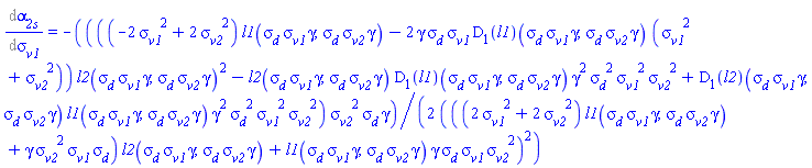 Diff(alpha__2s, sigma__v1) = -(1/2)*(((-2*sigma__v1^2+2*sigma__v2^2)*l1(sigma__d*sigma__v1*gamma, sigma__d*sigma__v2*gamma)-2*gamma*sigma__d*sigma__v1*(D[1](l1))(sigma__d*sigma__v1*gamma, sigma__d*sigma__v2*gamma)*(sigma__v1^2+sigma__v2^2))*l2(sigma__d*sigma__v1*gamma, sigma__d*sigma__v2*gamma)^2-l2(sigma__d*sigma__v1*gamma, sigma__d*sigma__v2*gamma)*(D[1](l1))(sigma__d*sigma__v1*gamma, sigma__d*sigma__v2*gamma)*gamma^2*sigma__d^2*sigma__v1^2*sigma__v2^2+(D[1](l2))(sigma__d*sigma__v1*gamma, sigma__d*sigma__v2*gamma)*l1(sigma__d*sigma__v1*gamma, sigma__d*sigma__v2*gamma)*gamma^2*sigma__d^2*sigma__v1^2*sigma__v2^2)*sigma__v2^2*sigma__d*gamma/(((2*sigma__v1^2+2*sigma__v2^2)*l1(sigma__d*sigma__v1*gamma, sigma__d*sigma__v2*gamma)+gamma*sigma__v2^2*sigma__v1*sigma__d)*l2(sigma__d*sigma__v1*gamma, sigma__d*sigma__v2*gamma)+l1(sigma__d*sigma__v1*gamma, sigma__d*sigma__v2*gamma)*gamma*sigma__d*sigma__v1*sigma__v2^2)^2