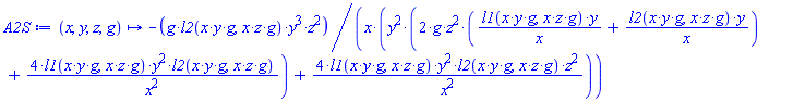 proc (x, y, z, g) options operator, arrow; -g*l2(x*y*g, x*z*g)*y^3*z^2/(x*(y^2*(2*g*z^2*(l1(x*y*g, x*z*g)*y/x+l2(x*y*g, x*z*g)*y/x)+4*l1(x*y*g, x*z*g)*y^2*l2(x*y*g, x*z*g)/x^2)+4*l1(x*y*g, x*z*g)*y^2*l2(x*y*g, x*z*g)*z^2/x^2)) end proc