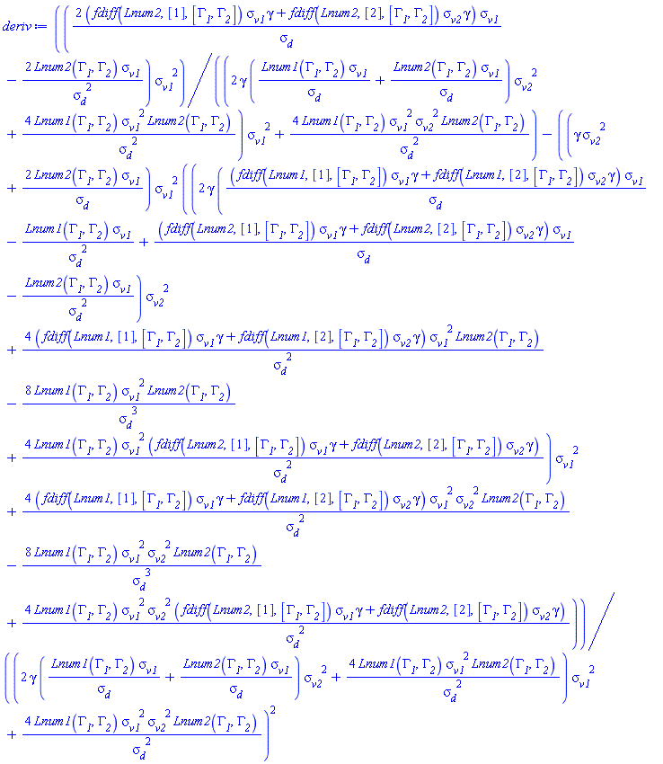 (2*(fdiff(Lnum2, [1], [Gamma__1, Gamma__2])*sigma__v1*gamma+fdiff(Lnum2, [2], [Gamma__1, Gamma__2])*sigma__v2*gamma)*sigma__v1/sigma__d-2*Lnum2(Gamma__1, Gamma__2)*sigma__v1/sigma__d^2)*sigma__v1^2/((2*gamma*(Lnum1(Gamma__1, Gamma__2)*sigma__v1/sigma__d+Lnum2(Gamma__1, Gamma__2)*sigma__v1/sigma__d)*sigma__v2^2+4*Lnum1(Gamma__1, Gamma__2)*sigma__v1^2*Lnum2(Gamma__1, Gamma__2)/sigma__d^2)*sigma__v1^2+4*Lnum1(Gamma__1, Gamma__2)*sigma__v1^2*sigma__v2^2*Lnum2(Gamma__1, Gamma__2)/sigma__d^2)-(gamma*sigma__v2^2+2*Lnum2(Gamma__1, Gamma__2)*sigma__v1/sigma__d)*sigma__v1^2*((2*gamma*((fdiff(Lnum1, [1], [Gamma__1, Gamma__2])*sigma__v1*gamma+fdiff(Lnum1, [2], [Gamma__1, Gamma__2])*sigma__v2*gamma)*sigma__v1/sigma__d-Lnum1(Gamma__1, Gamma__2)*sigma__v1/sigma__d^2+(fdiff(Lnum2, [1], [Gamma__1, Gamma__2])*sigma__v1*gamma+fdiff(Lnum2, [2], [Gamma__1, Gamma__2])*sigma__v2*gamma)*sigma__v1/sigma__d-Lnum2(Gamma__1, Gamma__2)*sigma__v1/sigma__d^2)*sigma__v2^2+4*(fdiff(Lnum1, [1], [Gamma__1, Gamma__2])*sigma__v1*gamma+fdiff(Lnum1, [2], [Gamma__1, Gamma__2])*sigma__v2*gamma)*sigma__v1^2*Lnum2(Gamma__1, Gamma__2)/sigma__d^2-8*Lnum1(Gamma__1, Gamma__2)*sigma__v1^2*Lnum2(Gamma__1, Gamma__2)/sigma__d^3+4*Lnum1(Gamma__1, Gamma__2)*sigma__v1^2*(fdiff(Lnum2, [1], [Gamma__1, Gamma__2])*sigma__v1*gamma+fdiff(Lnum2, [2], [Gamma__1, Gamma__2])*sigma__v2*gamma)/sigma__d^2)*sigma__v1^2+4*(fdiff(Lnum1, [1], [Gamma__1, Gamma__2])*sigma__v1*gamma+fdiff(Lnum1, [2], [Gamma__1, Gamma__2])*sigma__v2*gamma)*sigma__v1^2*sigma__v2^2*Lnum2(Gamma__1, Gamma__2)/sigma__d^2-8*Lnum1(Gamma__1, Gamma__2)*sigma__v1^2*sigma__v2^2*Lnum2(Gamma__1, Gamma__2)/sigma__d^3+4*Lnum1(Gamma__1, Gamma__2)*sigma__v1^2*sigma__v2^2*(fdiff(Lnum2, [1], [Gamma__1, Gamma__2])*sigma__v1*gamma+fdiff(Lnum2, [2], [Gamma__1, Gamma__2])*sigma__v2*gamma)/sigma__d^2)/((2*gamma*(Lnum1(Gamma__1, Gamma__2)*sigma__v1/sigma__d+Lnum2(Gamma__1, Gamma__2)*sigma__v1/sigma__d)*sigma__v2^2+4*Lnum1(Gamma__1, Gamma__2)*sigma__v1^2*Lnum2(Gamma__1, Gamma__2)/sigma__d^2)*sigma__v1^2+4*Lnum1(Gamma__1, Gamma__2)*sigma__v1^2*sigma__v2^2*Lnum2(Gamma__1, Gamma__2)/sigma__d^2)^2