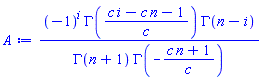 (-1)^i*GAMMA((c*i-c*n-1)/c)*GAMMA(n-i)/(GAMMA(n+1)*GAMMA(-(c*n+1)/c))