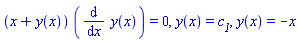 (x+y(x))*(diff(y(x), x)) = 0, y(x) = c__1, y(x) = -x
