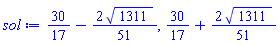 30/17-(2/51)*1311^(1/2), 30/17+(2/51)*1311^(1/2)