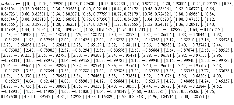 points1 := {[0, 1], [0.4e-1, .99920], [0.8e-1, .99680], [.12, .99280], [.16, .98722], [.20, .98006], [.24, .97133], [.28, .96104], [.32, .94922], [.36, .93588], [.40, .92104], [.44, .90472], [.48, .88696], [.52, .86779], [.56, .84723], [.60, .82531], [.64, .80207], [.68, .77755], [.72, .75179], [.76, .72482], [.80, .69669], [.84, .66744], [.88, .63713], [.92, .60580], [.96, .57350], [1.00, .54028], [1.04, .50620], [1.08, .47130], [1.12, .43565], [1.16, .39930], [1.20, .36231], [1.24, .32474], [1.28, .28665], [1.32, .24811], [1.36, .20917], [1.40, .16989], [1.44, .13034], [1.48, 0.90585e-1], [1.52, 0.50685e-1], [1.56, 0.10703e-1], [1.60, -0.29295e-1], [1.64, -0.69245e-1], [1.68, -.10908], [1.72, -.14874], [1.76, -.18817], [1.80, -.22730], [1.84, -.26606], [1.88, -.30440], [1.92, -.34225], [1.96, -.37955], [2.00, -.41625], [2.04, -.45228], [2.08, -.48758], [2.12, -.52210], [2.16, -.55578], [2.20, -.58858], [2.24, -.62043], [2.28, -.65129], [2.32, -.68111], [2.36, -.70983], [2.40, -.73742], [2.44, -.76383], [2.48, -.78902], [2.52, -.81294], [2.56, -.83556], [2.60, -.85684], [2.64, -.87674], [2.68, -.89525], [2.72, -.91233], [2.76, -.92795], [2.80, -.94208], [2.84, -.95471], [2.88, -.96581], [2.92, -.97536], [2.96, -.98334], [3.00, -.98975], [3.04, -.99458], [3.08, -.99781], [3.12, -.99940], [3.16, -.99940], [3.20, -.99783], [3.24, -.99466], [3.28, -.98989], [3.32, -.98354], [3.36, -.97561], [3.40, -.96612], [3.44, -.95509], [3.48, -.94252], [3.52, -.92844], [3.56, -.91288], [3.60, -.89585], [3.64, -.87738], [3.68, -.85752], [3.72, -.83628], [3.76, -.81370], [3.80, -.78982], [3.84, -.76468], [3.88, -.73831], [3.92, -.71076], [3.96, -.68206], [4.00, -.65227], [4.04, -.62144], [4.08, -.58961], [4.12, -.55684], [4.16, -.52317], [4.20, -.48866], [4.24, -.45337], [4.28, -.41736], [4.32, -.38068], [4.36, -.34338], [4.40, -.30553], [4.44, -.26720], [4.48, -.22844], [4.52, -.18931], [4.56, -.14988], [4.60, -.11020], [4.64, -0.70347e-1], [4.68, -0.30381e-1], [4.72, 0.96326e-2], [4.76, 0.49630e-1], [4.80, 0.89547e-1], [4.84, .12932], [4.88, .16889], [4.92, .20818], [4.96, .24714], [5.00, .28571]}