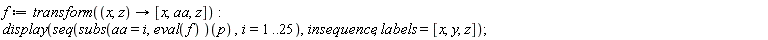 f := transform(proc (x, z) options operator, arrow; [x, aa, z] end proc); display(seq((subs(aa = i, eval(f)))(p), i = 1 .. 25), insequence, labels = [x, y, z])