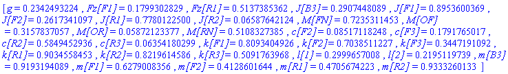 [g = .2342493224, `Fz[F1]` = .1799302829, `Fz[R1]` = .5137385362, `J[B3]` = .2907448089, `J[F1]` = .8953600369, `J[F2]` = .2617341097, `J[R1]` = .7780122500, `J[R2]` = 0.6587642124e-1, `M[FN]` = .7235311453, `M[OF]` = .3157837057, `M[OR]` = 0.5872123377e-1, `M[RN]` = .5108327385, `c[F2]` = 0.8517118248e-1, `c[F3]` = .1791765017, `c[R2]` = .5849452936, `c[R3]` = 0.6354180299e-1, `k[F1]` = .8093404926, `k[F2]` = .7038511227, `k[F3]` = .3447191092, `k[R1]` = .9034558453, `k[R2]` = .8219614586, `k[R3]` = .5091763968, `l[1]` = .2999657008, `l[2]` = .2195119739, `m[B3]` = .9193194089, `m[F1]` = .6279008356, `m[F2]` = .4128601644, `m[R1]` = .4705674223, `m[R2]` = .9333260133]