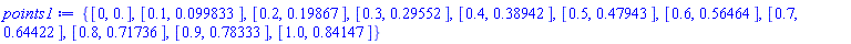 {[0, 0.], [.1, 0.99833e-1], [.2, .19867], [.3, .29552], [.4, .38942], [.5, .47943], [.6, .56464], [.7, .64422], [.8, .71736], [.9, .78333], [1.0, .84147]}