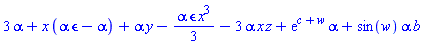 3*alpha+x*(alpha*epsilon-alpha)+alpha*y-(1/3)*alpha*epsilon*x^3-3*alpha*x*z+exp(c+w)*alpha+sin(w)*alpha*b
