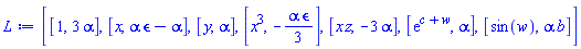 [[1, 3*alpha], [x, alpha*epsilon-alpha], [y, alpha], [x^3, -(1/3)*alpha*epsilon], [x*z, -3*alpha], [exp(c+w), alpha], [sin(w), alpha*b]]