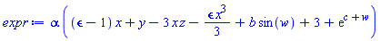 alpha*((epsilon-1)*x+y-3*x*z-(1/3)*epsilon*x^3+b*sin(w)+3+exp(c+w))