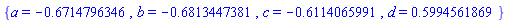 {a = -.6714796346, b = -.6813447381, c = -.6114065991, d = .5994561869}