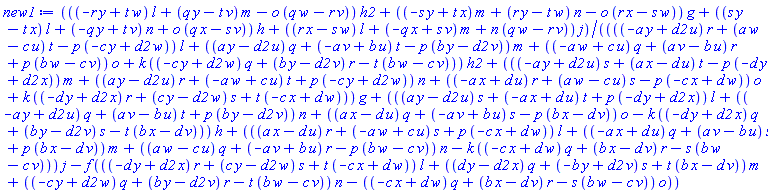 (((-r*y+t*w)*l+(q*y-t*v)*m-o*(q*w-r*v))*h2+((-s*y+t*x)*m+(r*y-t*w)*n-o*(r*x-s*w))*g+((s*y-t*x)*l+(-q*y+t*v)*n+o*(q*x-s*v))*h+((r*x-s*w)*l+(-q*x+s*v)*m+n*(q*w-r*v))*j)/((((-a*y+d2*u)*r+(a*w-c*u)*t-p*(-c*y+d2*w))*l+((a*y-d2*u)*q+(-a*v+b*u)*t-p*(b*y-d2*v))*m+((-a*w+c*u)*q+(a*v-b*u)*r+p*(b*w-c*v))*o+k*((-c*y+d2*w)*q+(b*y-d2*v)*r-t*(b*w-c*v)))*h2+(((-a*y+d2*u)*s+(a*x-d*u)*t-p*(-d*y+d2*x))*m+((a*y-d2*u)*r+(-a*w+c*u)*t+p*(-c*y+d2*w))*n+((-a*x+d*u)*r+(a*w-c*u)*s-p*(-c*x+d*w))*o+k*((-d*y+d2*x)*r+(c*y-d2*w)*s+t*(-c*x+d*w)))*g+(((a*y-d2*u)*s+(-a*x+d*u)*t+p*(-d*y+d2*x))*l+((-a*y+d2*u)*q+(a*v-b*u)*t+p*(b*y-d2*v))*n+((a*x-d*u)*q+(-a*v+b*u)*s-p*(b*x-d*v))*o-k*((-d*y+d2*x)*q+(b*y-d2*v)*s-t*(b*x-d*v)))*h+(((a*x-d*u)*r+(-a*w+c*u)*s+p*(-c*x+d*w))*l+((-a*x+d*u)*q+(a*v-b*u)*s+p*(b*x-d*v))*m+((a*w-c*u)*q+(-a*v+b*u)*r-p*(b*w-c*v))*n-k*((-c*x+d*w)*q+(b*x-d*v)*r-s*(b*w-c*v)))*j-f*(((-d*y+d2*x)*r+(c*y-d2*w)*s+t*(-c*x+d*w))*l+((d*y-d2*x)*q+(-b*y+d2*v)*s+t*(b*x-d*v))*m+((-c*y+d2*w)*q+(b*y-d2*v)*r-t*(b*w-c*v))*n-((-c*x+d*w)*q+(b*x-d*v)*r-s*(b*w-c*v))*o))