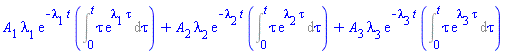 A[1]*lambda[1]*exp(-lambda[1]*t)*(Int(tau*exp(lambda[1]*tau), tau = 0 .. t))+A[2]*lambda[2]*exp(-lambda[2]*t)*(Int(tau*exp(lambda[2]*tau), tau = 0 .. t))+A[3]*lambda[3]*exp(-lambda[3]*t)*(Int(tau*exp(lambda[3]*tau), tau = 0 .. t))