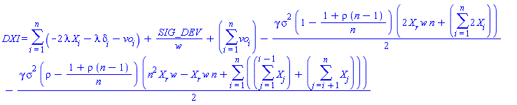 DXI = sum(-2*lambda*X[i]-lambda*delta[i]-vo[i], i = 1 .. n)+SIG_DEV/w+sum(vo[i], i = 1 .. n)-(1/2)*gamma*sigma^2*(1-(1+rho*(n-1))/n)*(2*X__r*w*n+sum(2*X[i], i = 1 .. n))-(1/2)*gamma*sigma^2*(rho-(1+rho*(n-1))/n)*(n^2*X__r*w-X__r*w*n+sum(sum(X[j], j = 1 .. i-1)+sum(X[j], j = i+1 .. n), i = 1 .. n))