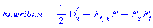 (1/2)*`#msubsup(mo("D"),mo("x"),mo("4"))`+(diff(diff(F, t), x))*F-(diff(F, x))*(diff(F, t))