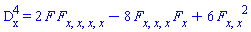 `#msubsup(mo("D"),mo("x"),mo("4"))` = 2*F*(diff(diff(diff(diff(F, x), x), x), x))-8*(diff(diff(diff(F, x), x), x))*(diff(F, x))+6*(diff(diff(F, x), x))^2