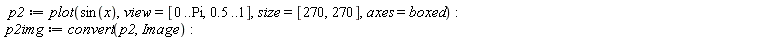 p2 := plot(sin(x), view = [0 .. Pi, .5 .. 1], size = [270, 270], axes = boxed); p2img := convert(p2, Image)