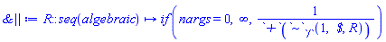 proc (R::(seq(algebraic))) options operator, arrow; `if`(nargs = 0, infinity, 1/(`+`(`~`[`/`](1, ` $`, R)))) end proc