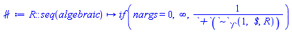 proc (R::(seq(algebraic))) options operator, arrow; `if`(nargs = 0, infinity, 1/(`+`(`~`[`/`](1, ` $`, R)))) end proc