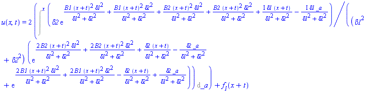 u(x, t) = 2*Intat(delta2*exp(B1*(x+t)^2*delta1^2/(delta1^2+delta2^2)+B1*(x+t)^2*delta2^2/(delta1^2+delta2^2)+B2*(x+t)^2*delta1^2/(delta1^2+delta2^2)+B2*(x+t)^2*delta2^2/(delta1^2+delta2^2)+I*delta1*(x+t)/(delta1^2+delta2^2)-I*delta1*_a/(delta1^2+delta2^2))/((delta1^2+delta2^2)*(exp(2*B2*(x+t)^2*delta1^2/(delta1^2+delta2^2)+2*B2*(x+t)^2*delta2^2/(delta1^2+delta2^2)+delta2*(x+t)/(delta1^2+delta2^2)-delta2*_a/(delta1^2+delta2^2))+exp(2*B1*(x+t)^2*delta1^2/(delta1^2+delta2^2)+2*B1*(x+t)^2*delta2^2/(delta1^2+delta2^2)-delta2*(x+t)/(delta1^2+delta2^2)+delta2*_a/(delta1^2+delta2^2)))), _a = x)+f__1(x+t)