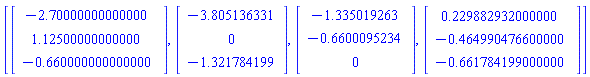 [Vector(3, {(1) = -2.7, (2) = 1.125, (3) = -.66}), Vector(3, {(1) = -3.805136331, (2) = 0, (3) = -1.321784199}), Vector(3, {(1) = -1.335019263, (2) = -.6600095234, (3) = 0}), Vector(3, {(1) = .2298829320000002, (2) = -.46499047660000004, (3) = -.6617841990000001})]