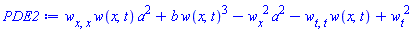 (diff(diff(w(x, t), x), x))*w(x, t)*a^2+b*w(x, t)^3-(diff(w(x, t), x))^2*a^2-(diff(diff(w(x, t), t), t))*w(x, t)+(diff(w(x, t), t))^2