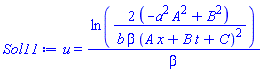 u(x, t) = ln(2*(-A^2*a^2+B^2)/(b*beta*(A*x+B*t+C)^2))/beta