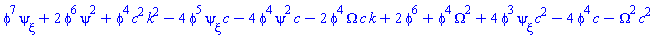 phi(xi)^7*(diff(psi(xi), xi))+2*phi(xi)^6*psi(xi)^2+phi(xi)^4*c^2*k^2-4*phi(xi)^5*(diff(psi(xi), xi))*c-4*phi(xi)^4*psi(xi)^2*c-2*phi(xi)^4*Omega*c*k+2*phi(xi)^6+phi(xi)^4*Omega^2+4*phi(xi)^3*(diff(psi(xi), xi))*c^2-4*phi(xi)^4*c-Omega^2*c^2