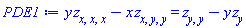 y*(diff(diff(diff(z(x, y), x), x), x))-x*(diff(diff(diff(z(x, y), x), y), y)) = diff(diff(z(x, y), y), y)-y*(diff(z(x, y), y))