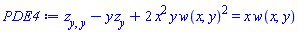 diff(diff(z(x, y), y), y)-y*(diff(z(x, y), y))+2*x^2*y*w(x, y)^2 = x*w(x, y)