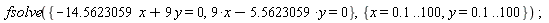 fsolve({9*x-5.5623059*y = 0, -14.5623059*x+9*y = 0}, {x = .1 .. 100, y = .1 .. 100})