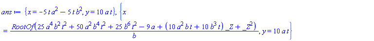 {x = -5*a^2*t-5*b^2*t, y = 10*a*t}, {x = RootOf(25*a^4*b^2*t^2+50*a^2*b^4*t^2+25*b^6*t^2-9*a+(10*a^2*b*t+10*b^3*t)*_Z+_Z^2)/b, y = 10*a*t}