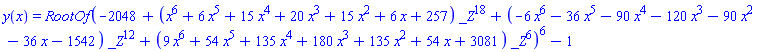 y(x) = RootOf(-2048+(x^6+6*x^5+15*x^4+20*x^3+15*x^2+6*x+257)*_Z^18+(-6*x^6-36*x^5-90*x^4-120*x^3-90*x^2-36*x-1542)*_Z^12+(9*x^6+54*x^5+135*x^4+180*x^3+135*x^2+54*x+3081)*_Z^6)^6-1