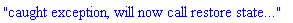 "caught exception, will now call restore state..."