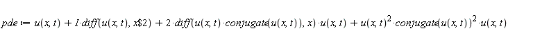 pde := u(x, t)+I*(diff(u(x, t), `$`(x, 2)))+2*(diff(u(x, t)*conjugate(u(x, t)), x))*u(x, t)+u(x, t)^2*conjugate(u(x, t))^2*u(x, t)