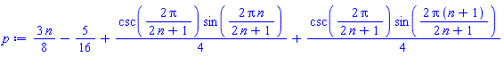 (3/8)*n-5/16+(1/4)*csc(2*Pi/(2*n+1))*sin(2*Pi*n/(2*n+1))+(1/4)*csc(2*Pi/(2*n+1))*sin(2*Pi*(n+1)/(2*n+1))