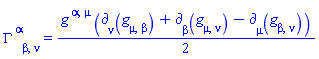 Physics:-Christoffel[`~alpha`, beta, nu] = (1/2)*Physics:-g_[`~alpha`, `~mu`]*(Physics:-d_[nu](Physics:-g_[mu, beta], [X])+Physics:-d_[beta](Physics:-g_[mu, nu], [X])-Physics:-d_[mu](Physics:-g_[beta, nu], [X]))