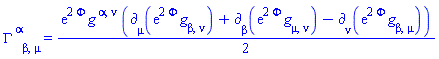 Physics:-Christoffel[`~alpha`, beta, mu] = (1/2)*exp(2*Phi(X))*Physics:-g_[`~alpha`, `~nu`]*(Physics:-d_[mu](exp(2*Phi(X))*Physics:-g_[beta, nu], [X])+Physics:-d_[beta](exp(2*Phi(X))*Physics:-g_[mu, nu], [X])-Physics:-d_[nu](exp(2*Phi(X))*Physics:-g_[beta, mu], [X]))