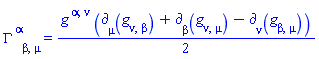 Physics:-Christoffel[`~alpha`, beta, mu] = (1/2)*Physics:-g_[`~alpha`, `~nu`]*(Physics:-d_[mu](Physics:-g_[nu, beta], [X])+Physics:-d_[beta](Physics:-g_[nu, mu], [X])-Physics:-d_[nu](Physics:-g_[beta, mu], [X]))
