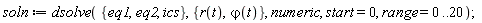 soln := dsolve({eq1, eq2, ics}, {r(t), `&varphi;`(t)}, numeric, start = 0, range = 0 .. 20)