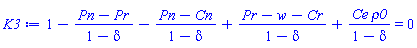 1-(Pn-Pr)/(1-delta)-(Pn-Cn)/(1-delta)+(Pr-w-Cr)/(1-delta)+Ce*rho0/(1-delta) = 0