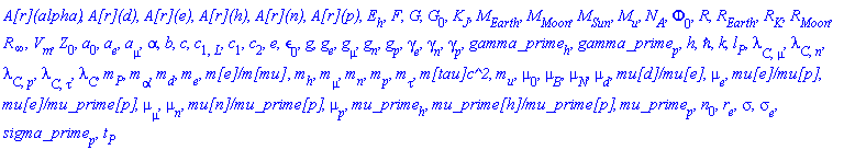 `A[r](alpha)`, `A[r](d)`, `A[r](e)`, `A[r](h)`, `A[r](n)`, `A[r](p)`, E[h], F, G, G[0], K[J], M[Earth], M[Moon], M[Sun], M[u], N[A], Phi[0], R, R[Earth], R[K], R[Moon], R[infinity], V[m], Z[0], a[0], a[e], a[mu], alpha, b, c, c[1, L], c[1], c[2], e, epsilon[0], g, g[e], g[mu], g[n], g[p], gamma[e], gamma[n], gamma[p], gamma_prime[h], gamma_prime[p], h, hbar, k, l[P], lambda[C, mu], lambda[C, n], lambda[C, p], lambda[C, tau], lambda[C], m[P], m[alpha], m[d], m[e], `m[e]/m[mu]`, m[h], m[mu], m[n], m[p], m[tau], `m[tau]c^2`, m[u], mu[0], mu[B], mu[N], mu[d], `mu[d]/mu[e]`, mu[e], `mu[e]/mu[p]`, `mu[e]/mu_prime[p]`, mu[mu], mu[n], `mu[n]/mu_prime[p]`, mu[p], mu_prime[h], `mu_prime[h]/mu_prime[p]`, mu_prime[p], n[0], r[e], sigma, sigma[e], sigma_prime[p], t[P]