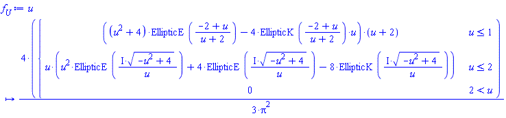 f__U := proc (u) options operator, arrow; (4/3)*piecewise(u <= 1, ((u^2+4)*EllipticE((-2+u)/(u+2))-4*EllipticK((-2+u)/(u+2))*u)*(u+2), u <= 2, u*(u^2*EllipticE(I*sqrt(-u^2+4)/u)+4*EllipticE(I*sqrt(-u^2+4)/u)-8*EllipticK(I*sqrt(-u^2+4)/u)), 2 < u, 0)/Pi^2 end proc